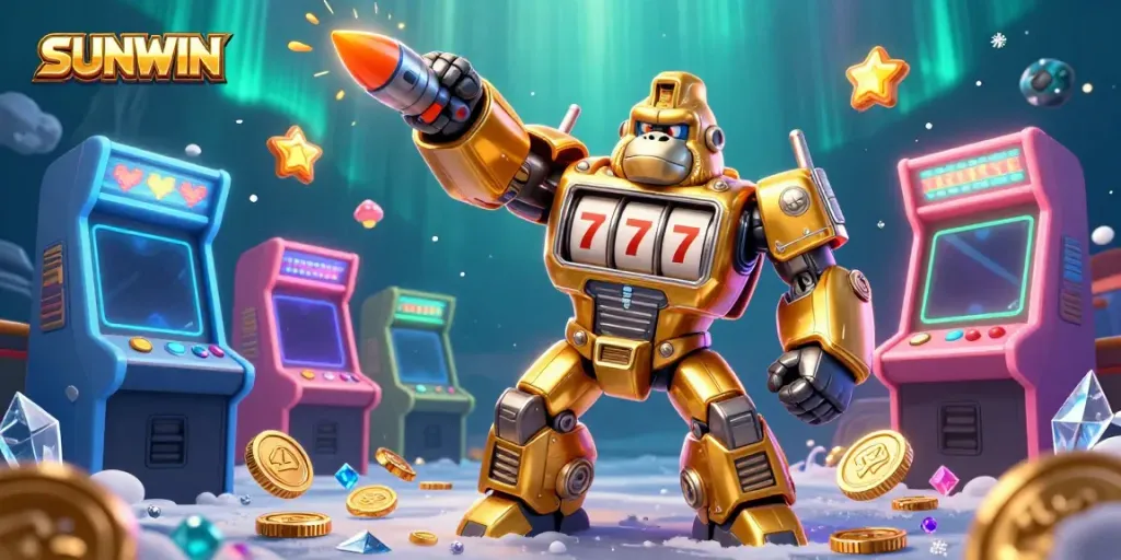 SUNWIN's 3D transformer-style golden gorilla mech amidst colorful arcade elements, symbolizing engaging online gaming.