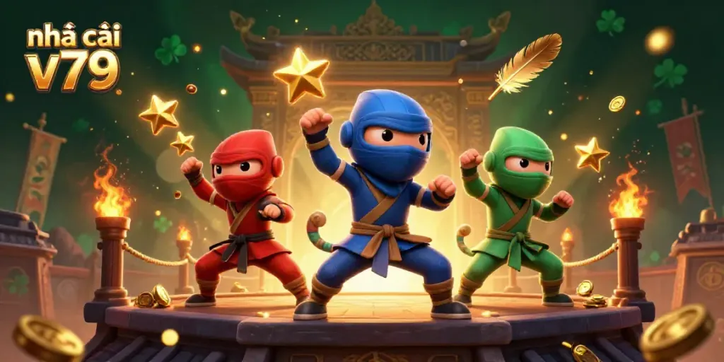 Engage with nhà cái v79 through a vibrant 3D scene of colorful chameleon ninjas showcasing martial arts amidst casino elements.