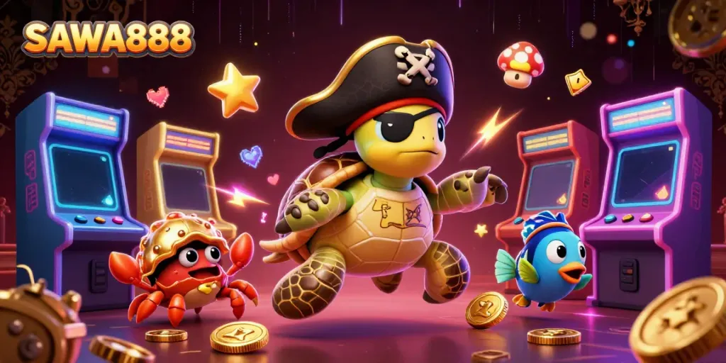 Experience the excitement of SAWA888 with vibrant characters and dynamic gaming elements in a lively illustrated casino scene.