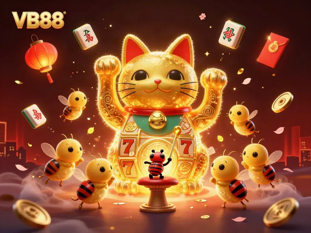 Experience the magic of VB88 with a dynamic lucky cat and golden fireflies in a casino setting.
