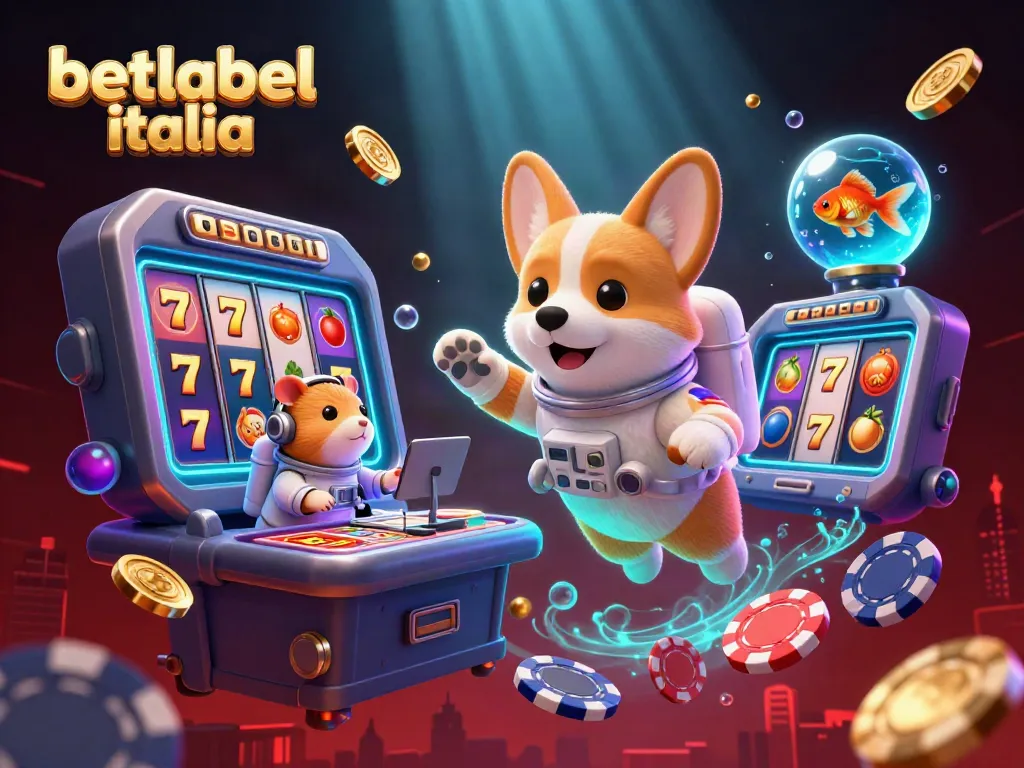 Betlabel italia features a lively casino scene with 3D characters enjoying games amidst floating slot machines.