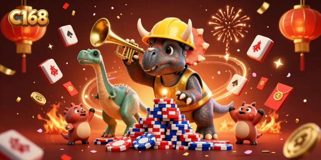 C168 celebrates a big win with a cheerful dinosaur team amid colorful casino elements.