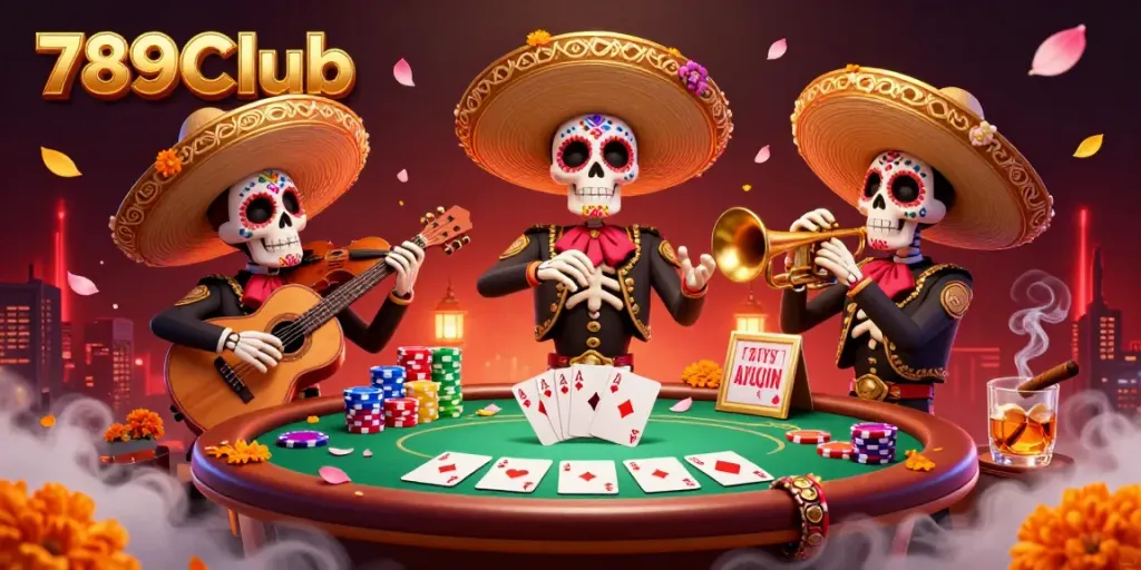 Engage in lively gameplay at 789Club with vibrant mariachi skeletons and poker elements.