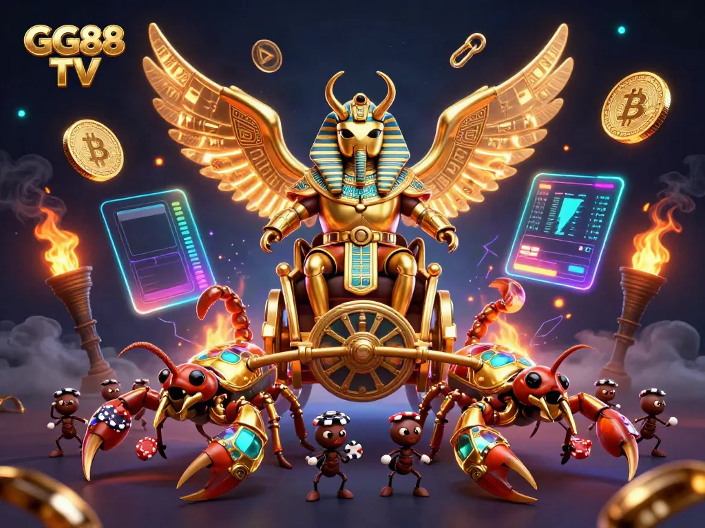 Experience exciting gaming with GG88 TV featuring a golden scarab and jewels amidst vibrant casino elements.