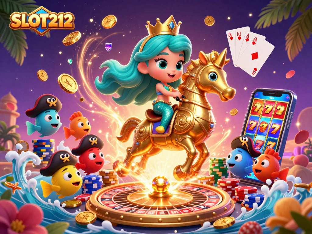 SLOT212 vibrant mermaid-themed casino illustration with seahorse, coins, and cards.
