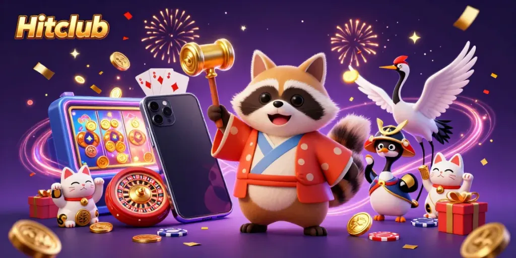Experience the vibrant Hitclub gaming scene with cheerful characters and dynamic casino elements, celebrating fun and fortune.