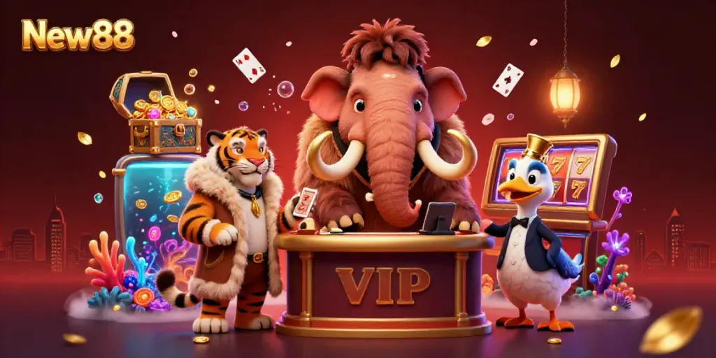 Experience the vibrant energy of New88's casino with unique characters and dazzling treasures.
