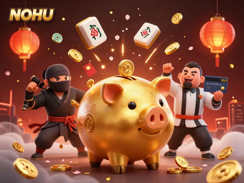 NOHU's vibrant casino scene featuring a golden piggy bank sumo wrestler, coins and festive decorations flowing around