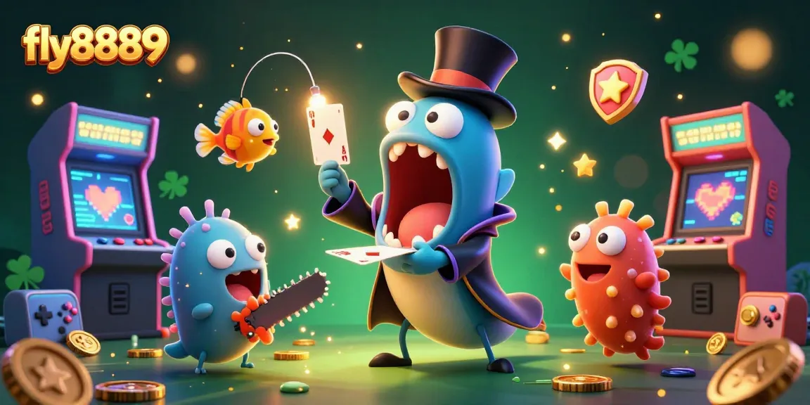 Explore thrilling gaming adventures with fly8889 as a bioluminescent eel performs magic tricks amidst a vibrant casino.