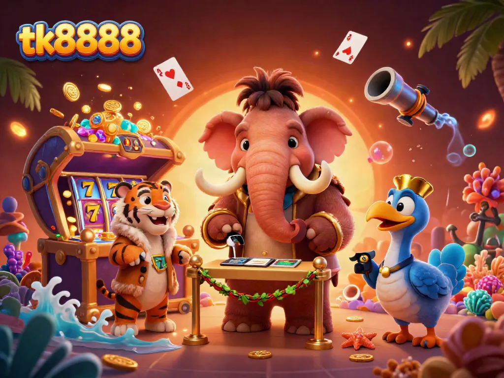 Experience the vibrant tk8888 casino scene with a woolly mammoth bouncer, saber-tooth tiger VIP, and underwater treasures.