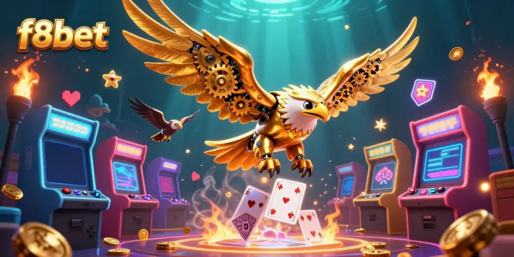 Experience thrilling moments with the f8bet golden eagle diving through glowing cards in this vibrant casino illustration.