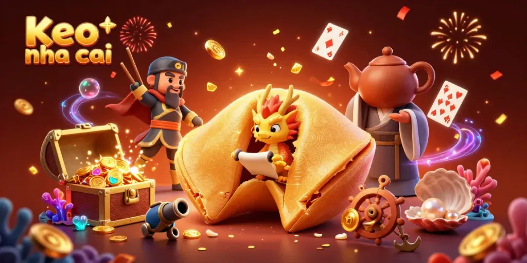 Enjoy thrilling bets with Keo nha cai featuring a golden fortune cookie and dragon surrounded by casino treasures.