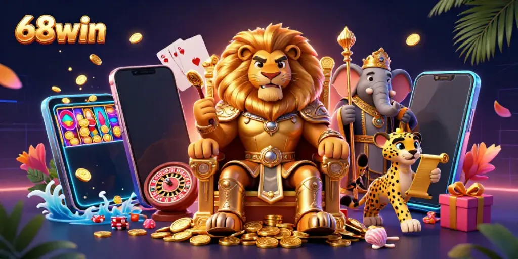 Experience thrilling gameplay with 68win's dynamic casino illustration featuring diverse gaming elements.