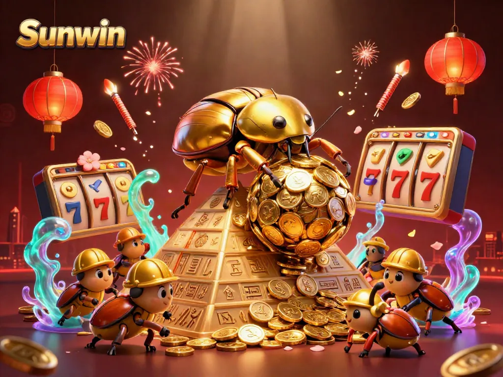Engage in thrilling gameplay at Sunwin with golden beetles and casino symbols enriched with vibrant colors.