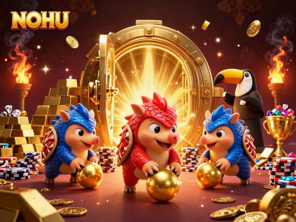 Experience thrilling action with NOHU as rival pangolins roll gold, set in a dynamic casino scene.