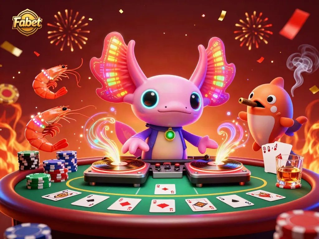 Engage in thrilling poker action at Fabet with vibrant characters and casino elements in a dynamic scene.
