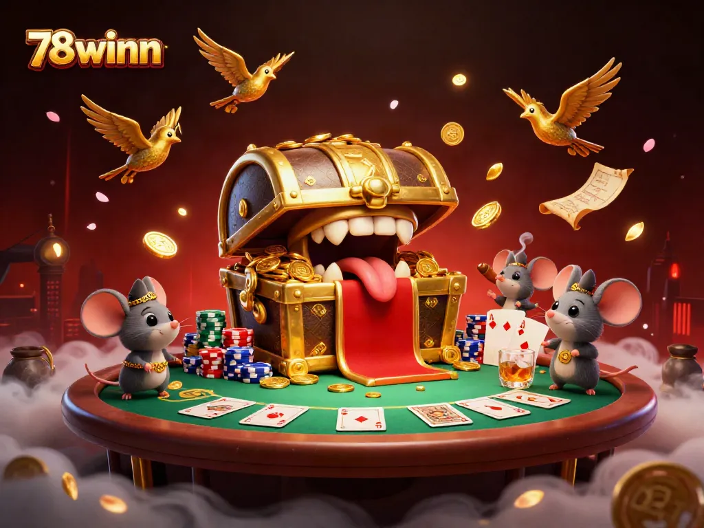 Engage in thrilling poker gaming at 78winn's casino featuring a golden treasure chest and poker elements.