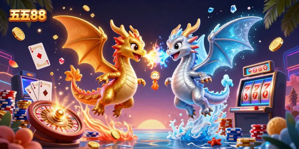 Experience thrilling five88 gameplay with stunning 3D dragons and coins amidst a vibrant casino scene.
