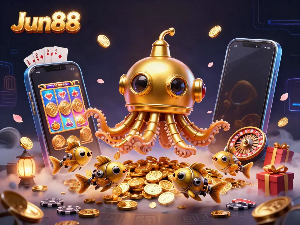 Join the excitement at Jun88, showcasing vibrant golden coins and thrilling casino games with playful characters.