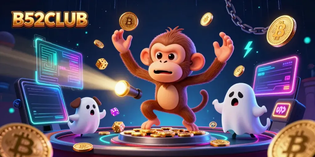 B52CLUB's enchanting scene with a mischievous ghost monkey juggles golden coins in a haunted casino atmosphere.
