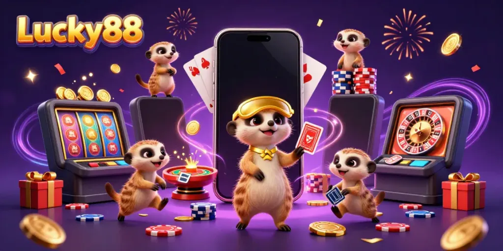 Experience the thrill of Lucky88 with clever meerkats operating a vibrant casino scene.