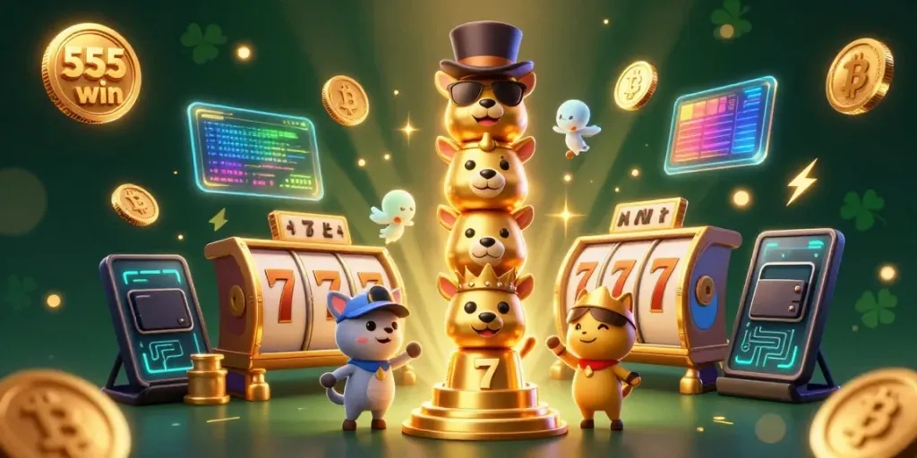 Experience the excitement of 555 win with vibrant 3D casino elements and animated totem pole.