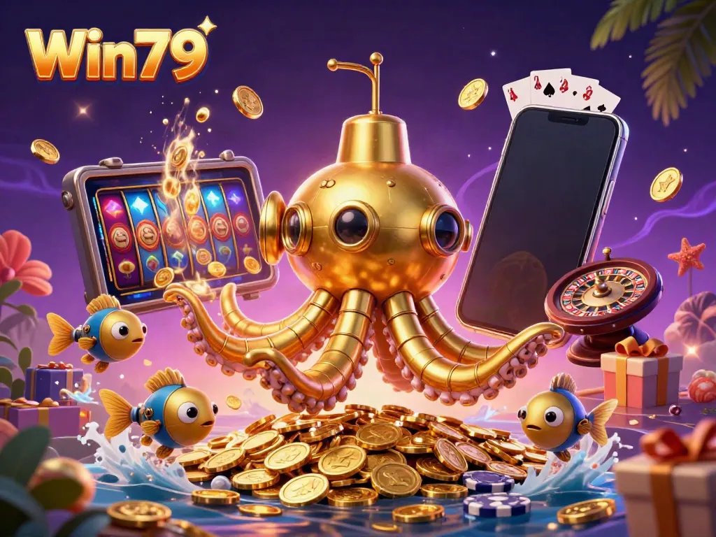Experience the thrill of gameplay with Win79's engaging 3D casino scene filled with golden coins and interactive play elements.