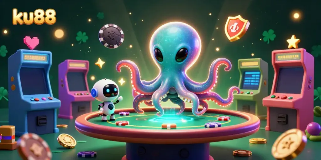 Engage with ku88’s thrilling gambling adventure as a cartoon alien octopus navigates a holographic poker table.
