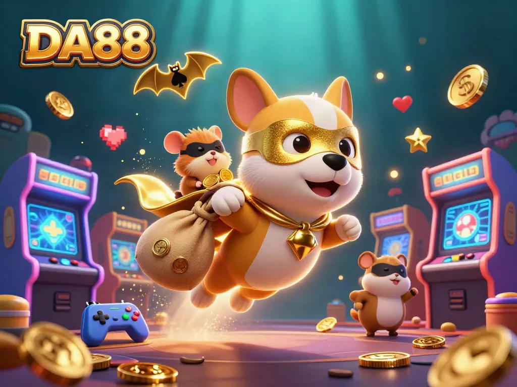 Engage with DA88's unique gaming experience filled with 3D characters, sparkling elements, and casino-themed illustrations.