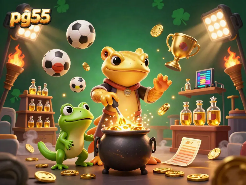 Experience pg55 with a dynamic scene of a golden alchemist and frog apprentices creating treasures.