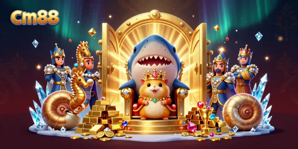 Experience the cm88 adventure with a golden hamster king and treasure amidst vibrant casino themes.