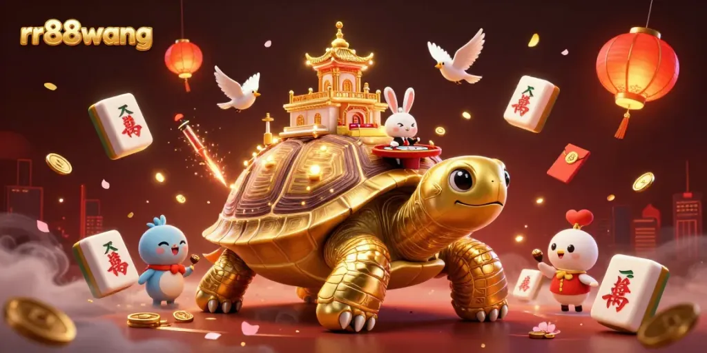 Experience immersive gaming at rr88wang with golden tortoise casino illustration.
