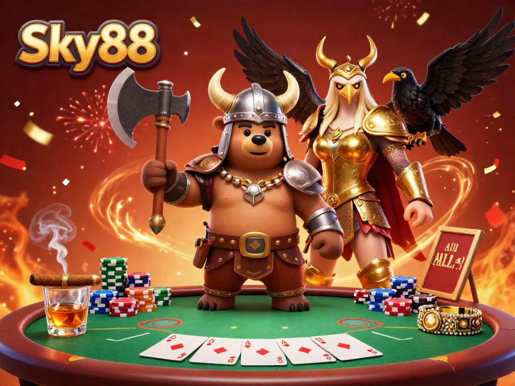 Join the excitement at Sky88 with a Viking bear and Valkyrie eagle in a lively casino atmosphere.