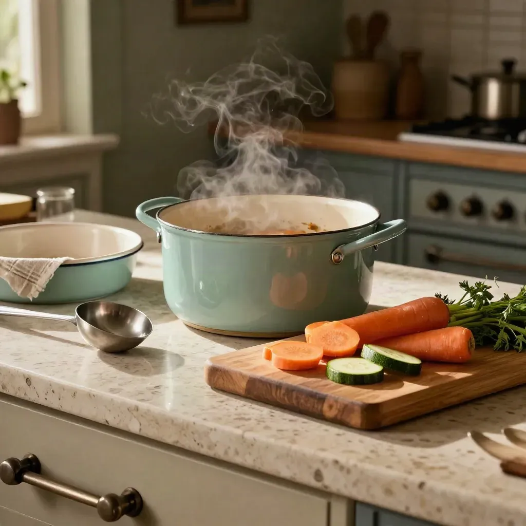 Padella coperta, verdure tagliate e mestolo su piano cucina, con vapore caldo.