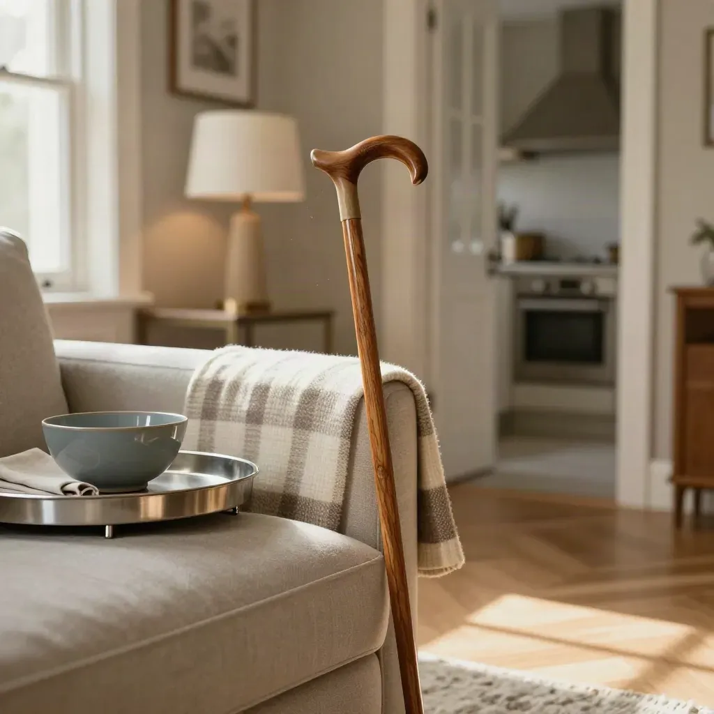 Ingresso domestico caldo con bastone, plaid a quadri, lampada accesa e cucina luminosa.