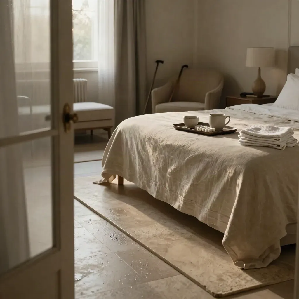 Appartamento milanese all’alba con letto in lino, sedia, bastone, vassoio tè e portapillole.