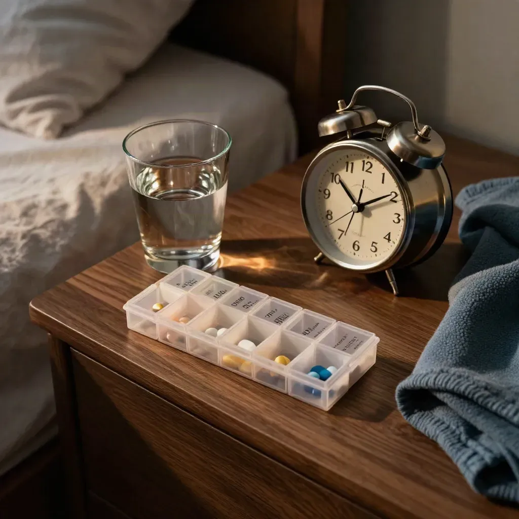 Organizer pillole, bicchiere d’acqua e sveglia sul comodino con coperta piegata, luce serale.