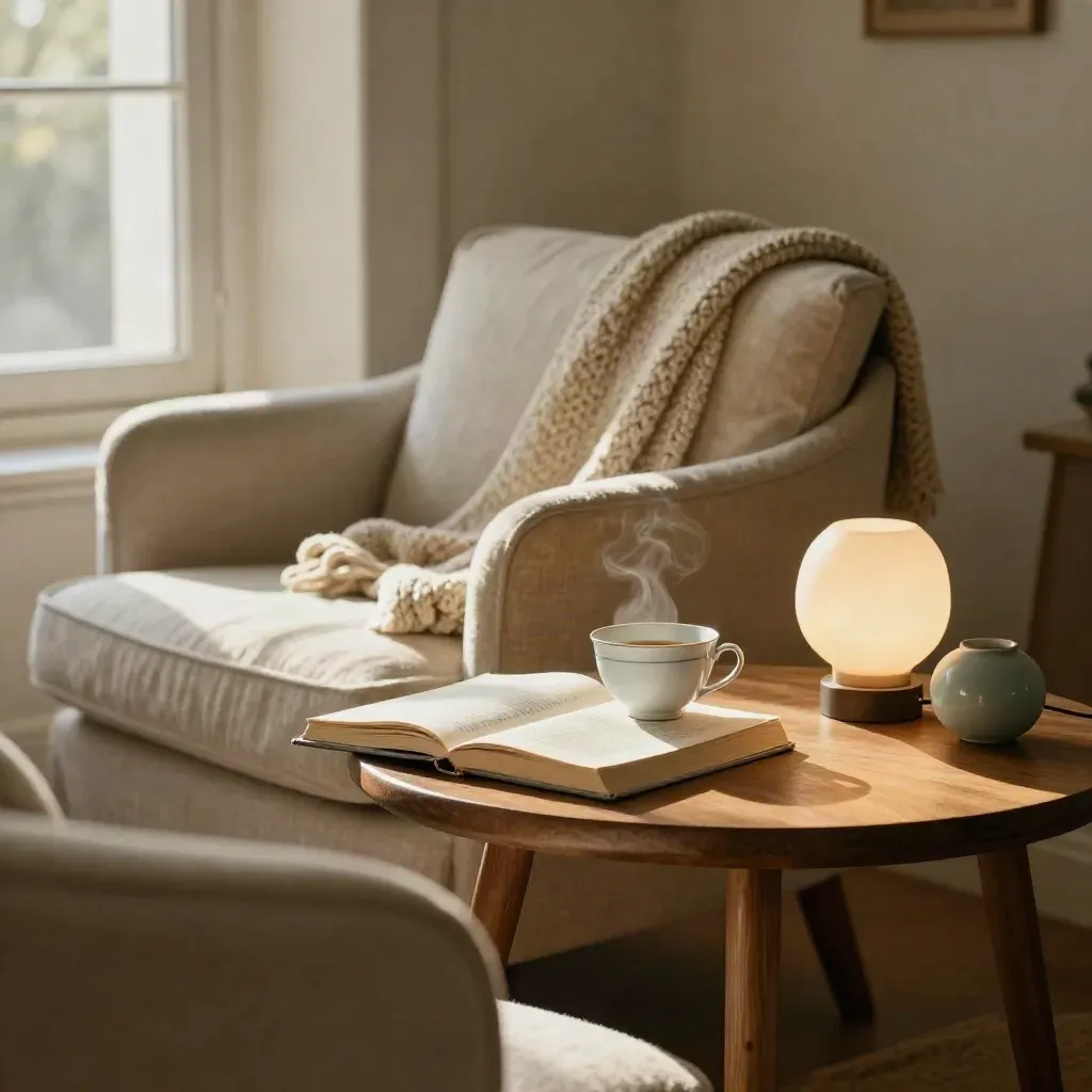 Angolo lettura caldo con tazza, coperta e lampada accanto a una poltrona.