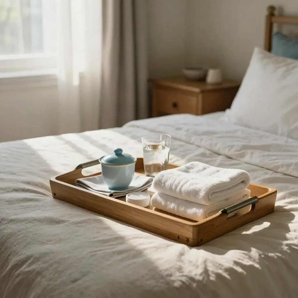 Vassoio colazione sul letto rifatto con tazza coperta, pilloliera e asciugamani alla luce del mattino