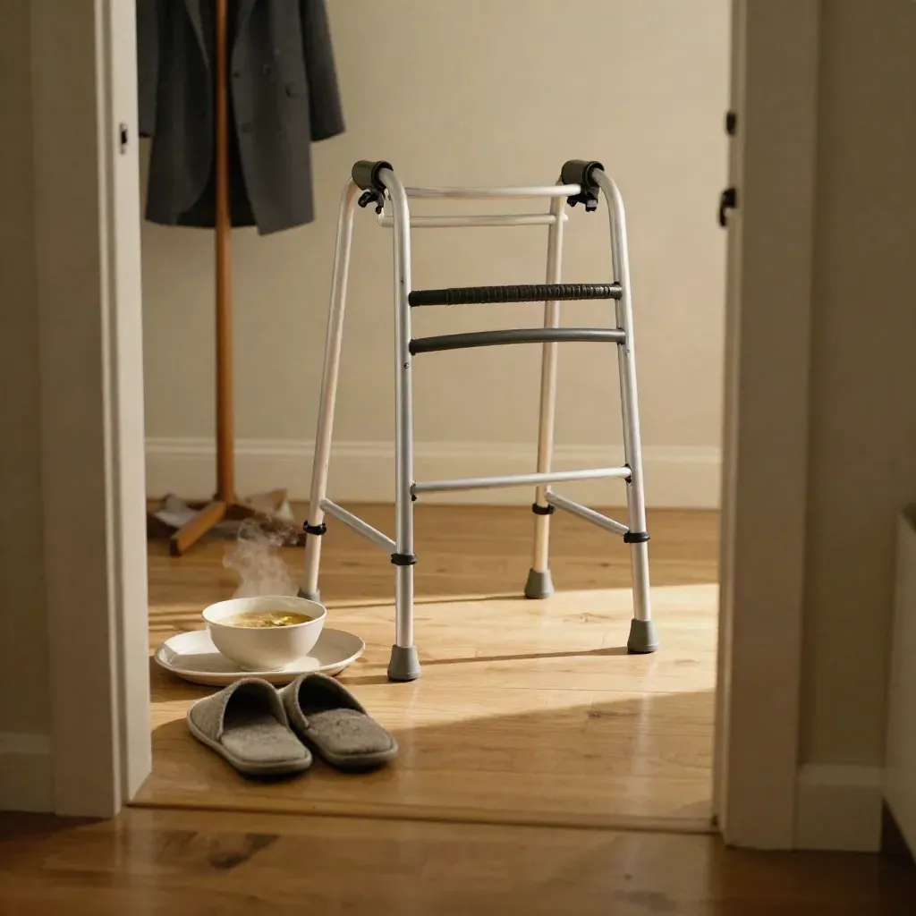 Ingresso domestico ordinato con deambulatore, pantofole e zuppa pronta su un vassoio.