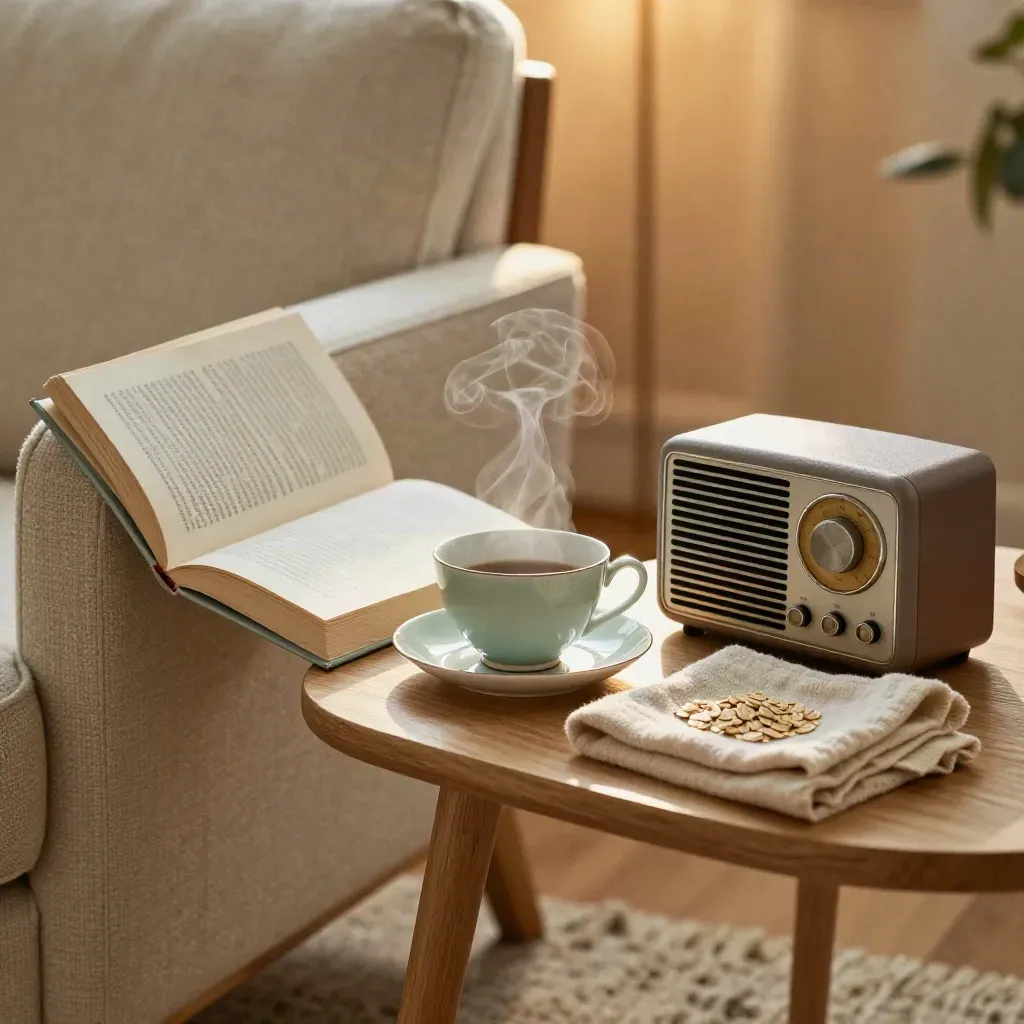 Angolo lettura caldo con libro chiuso, tè fumante, coperta e radio su una poltrona.