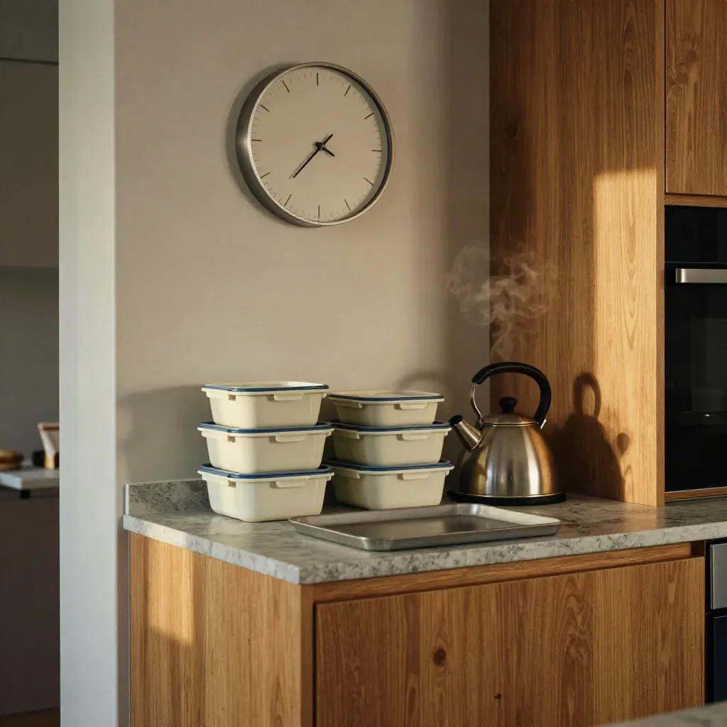 Cucina ordinata con contenitori pasti, bollitore, orologio e vassoio in luce drammatica.