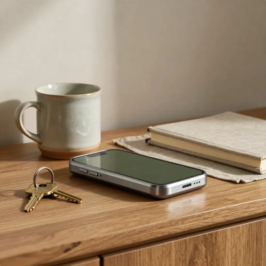 Dock per telefono, tazza in ceramica, chiavi di casa e quaderno chiuso su runner di lino.