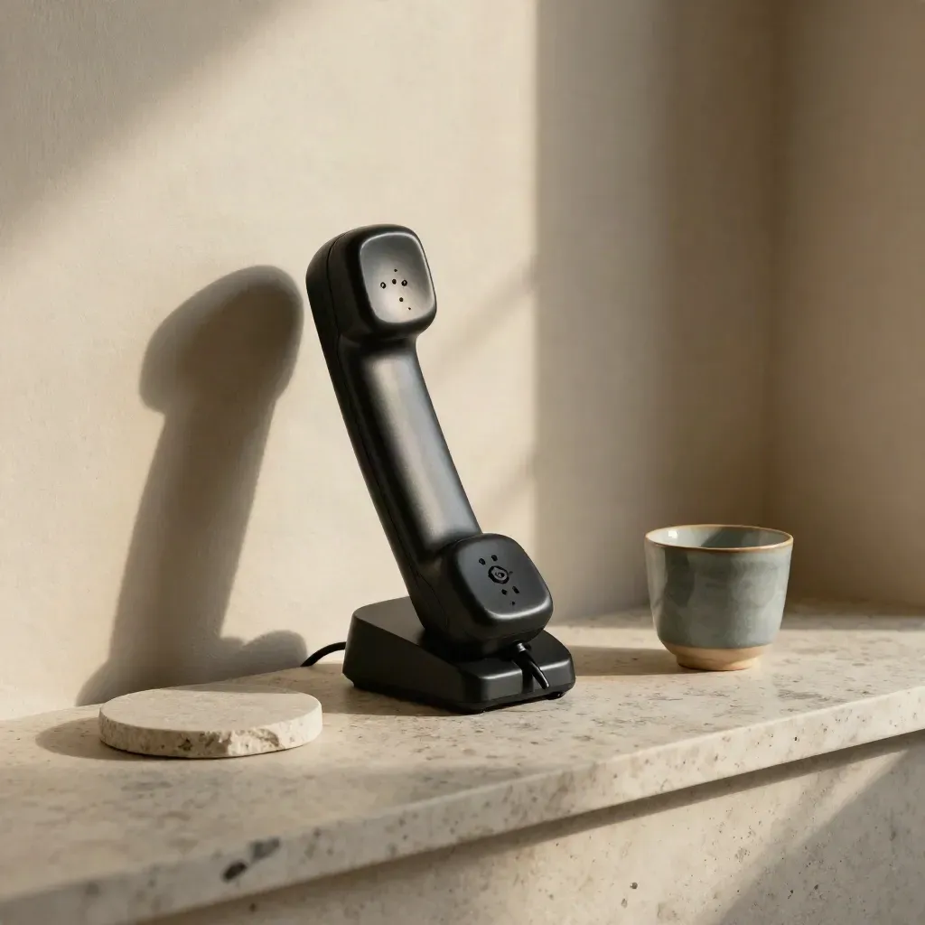 Telefono cordless nero su base in pietra, tazza ceramica e sottobicchiere, luce morbida