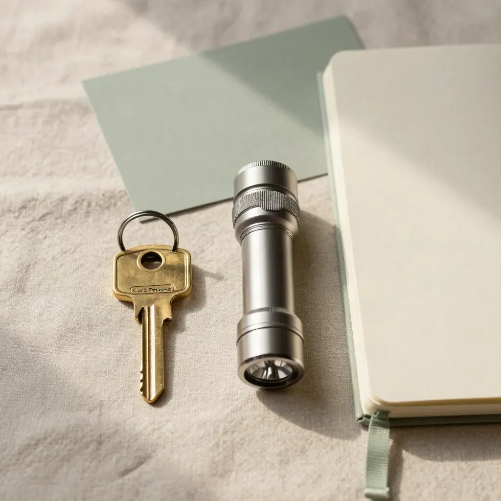 Chiave di casa, torcia e taccuino chiuso su lino chiaro, pronti per una visita