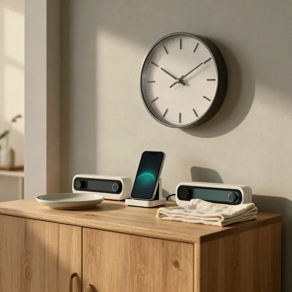 Orologio analogico, base di ricarica per telefono e timer su una credenza chiara.