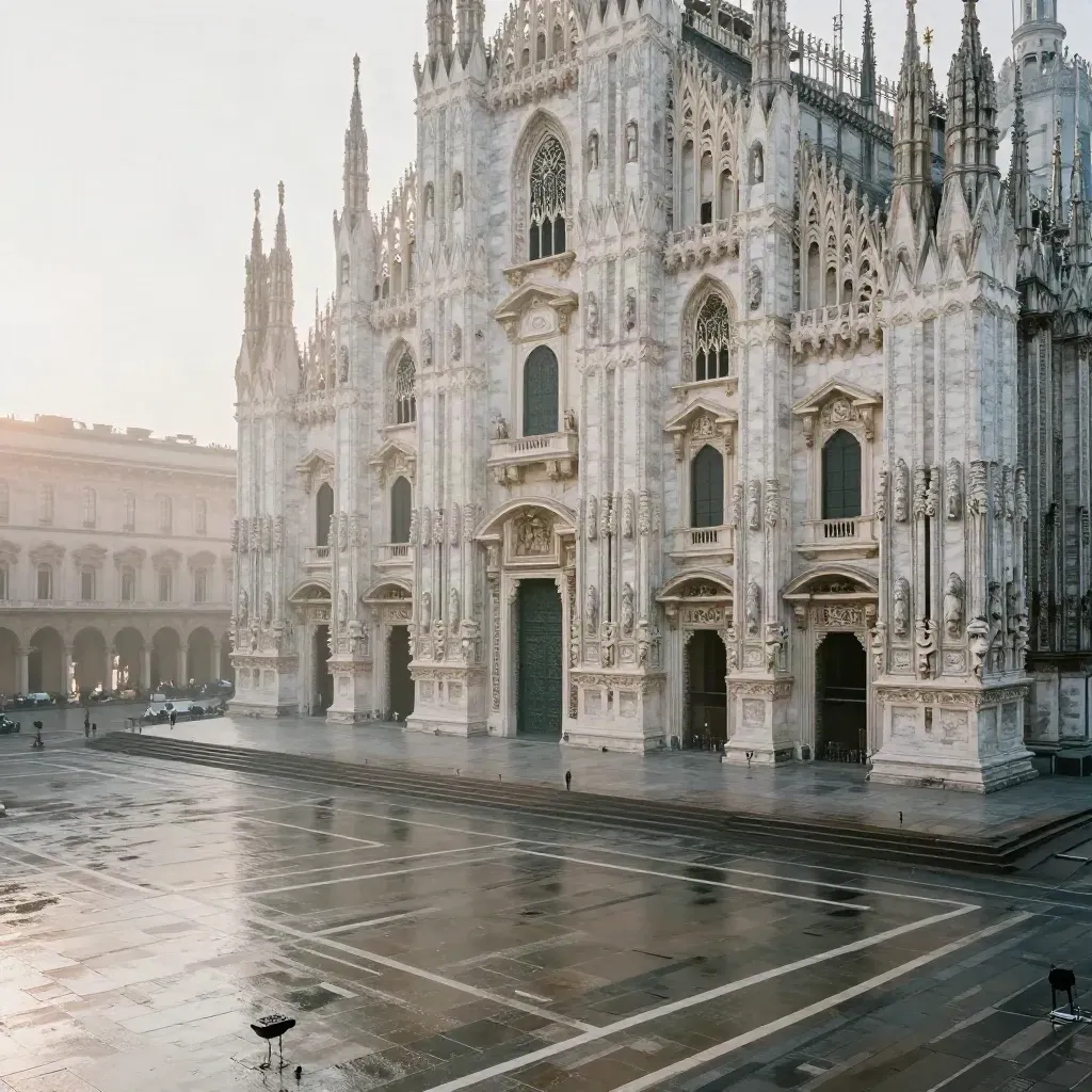 Il Duomo di Milano emerge in alto sopra una piazza di pietra bagnata, avvolta nella foschia del mattino.