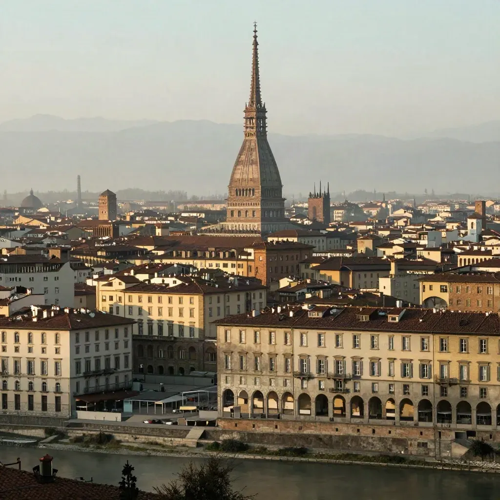 Torino al tramonto con la Mole Antonelliana e i portici avvolti nella foschia del fiume