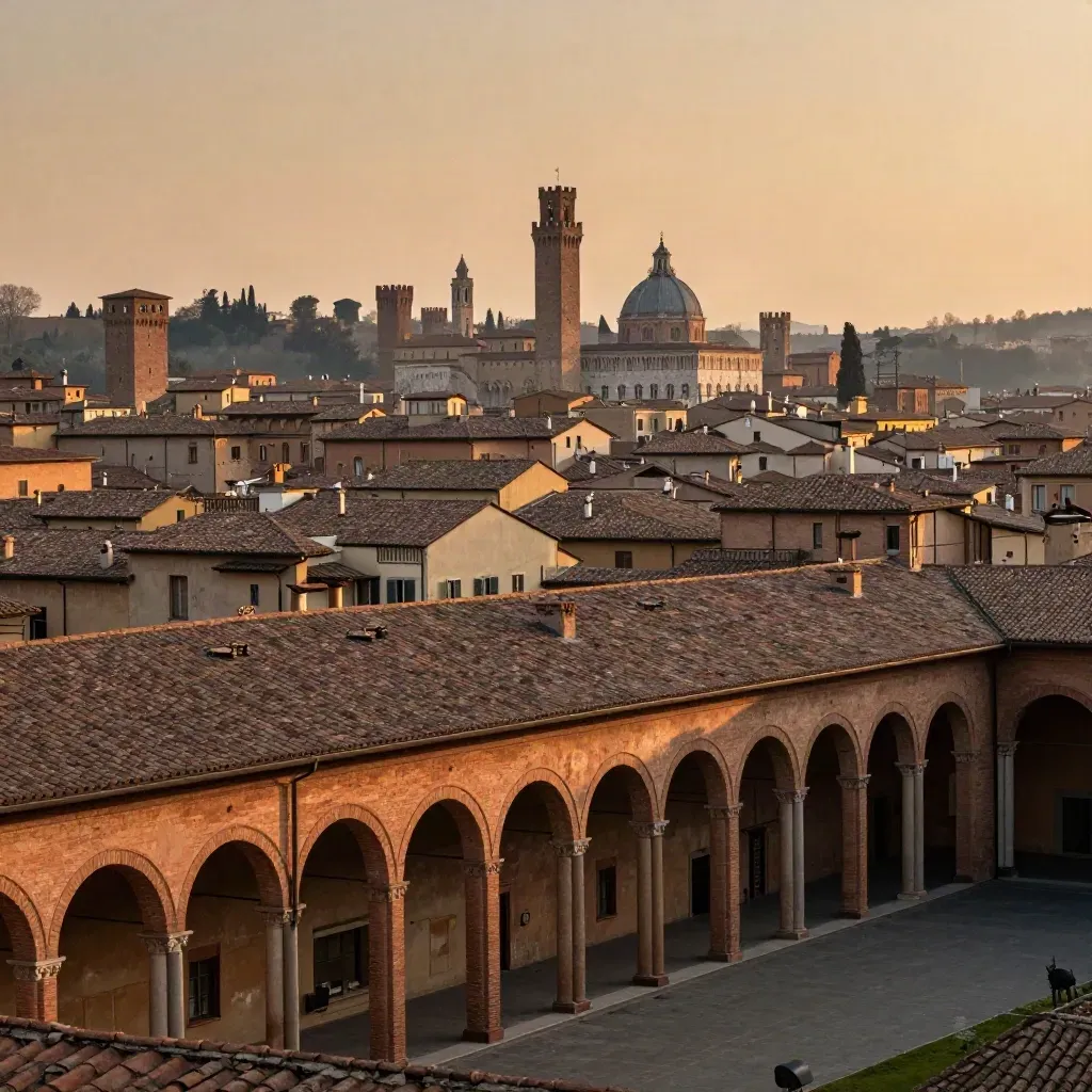 Bologna al tramonto con portici in terracotta e tetti avvolti nella foschia