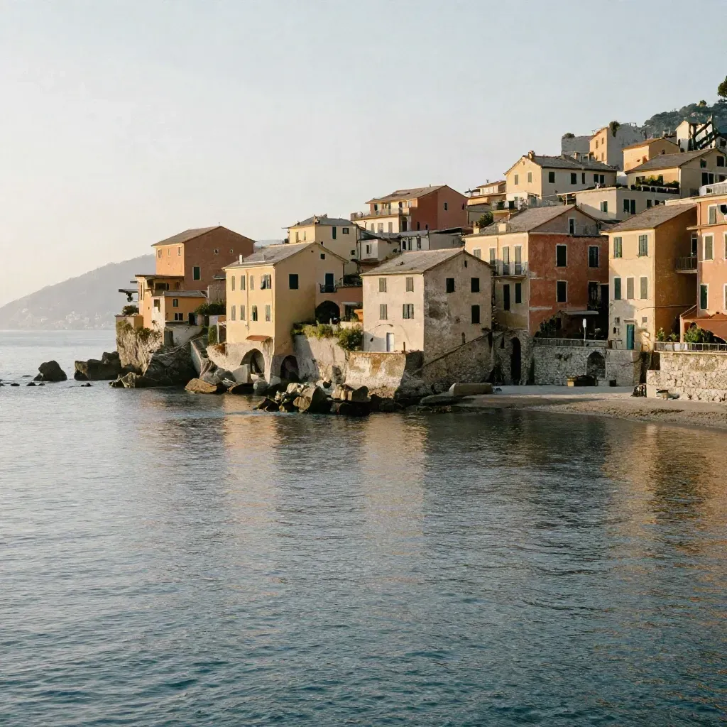 Panorama della costa ligure con case pastel, scogliera chiara e mare calmo nella foschia